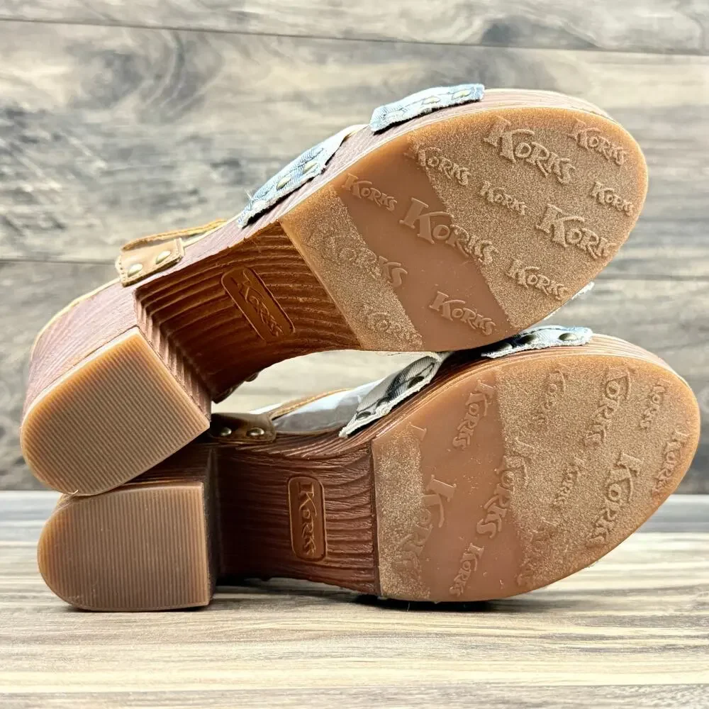 NIB Korks Kork Ease Natalia 7M Knot Clog Sandal Tan Blue Denim PU Tie Dye Combo - Picture 9 of 11